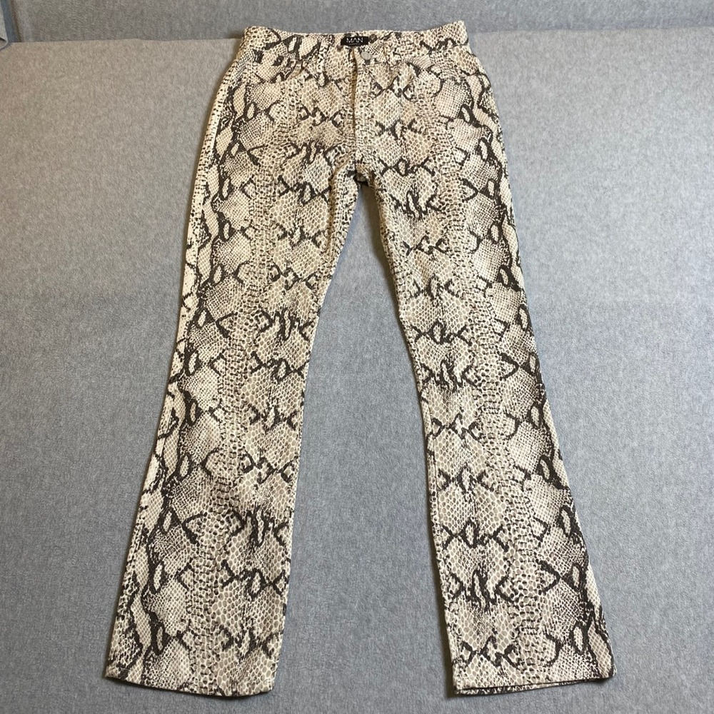 BoohooMAN Snakeskin Flare Pants Woman's Size 26 Tan Python Print Button Fly EUC